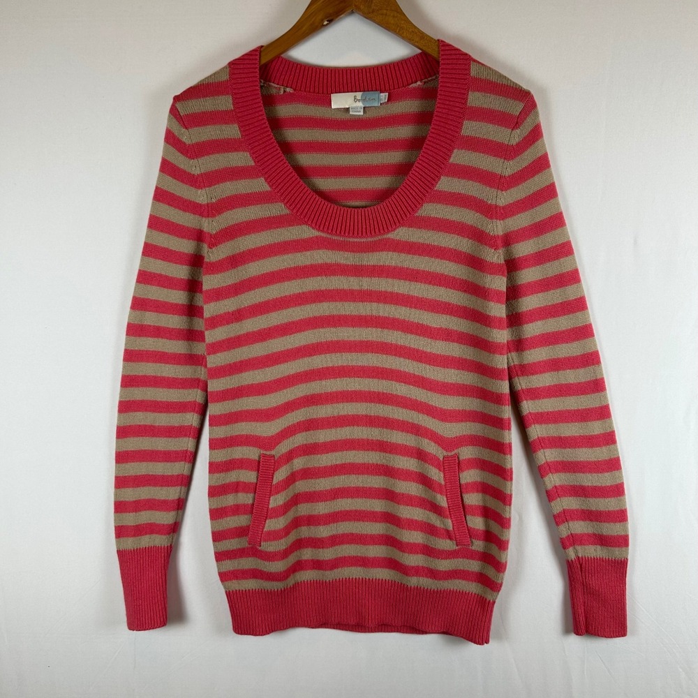 Boden Women's Striped‎ Sweater with Pockets Pink Tan Cotton Blend Size 8